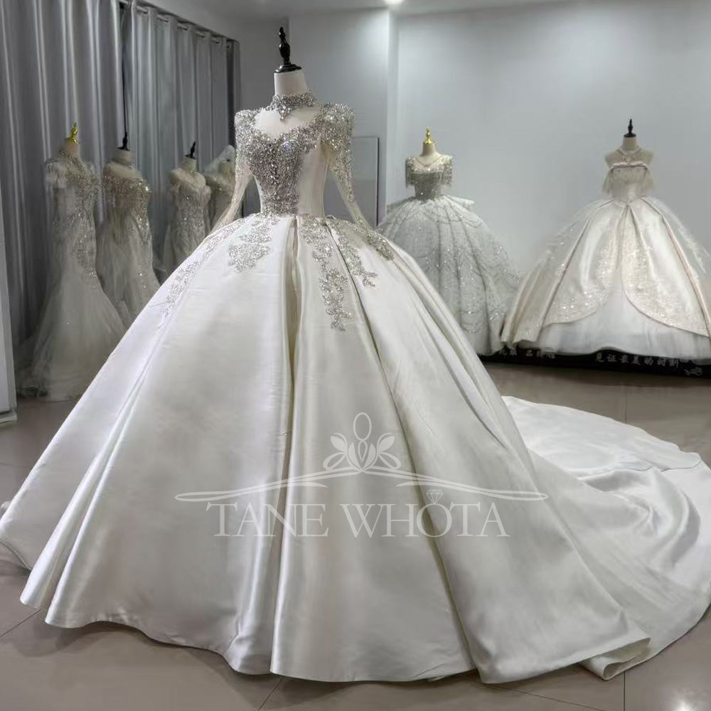 TW617 High Long Sleeve Crystal Sequined Wedding Dress With Lace-Up Keyhole Back Customized Ball Gown For Brides
