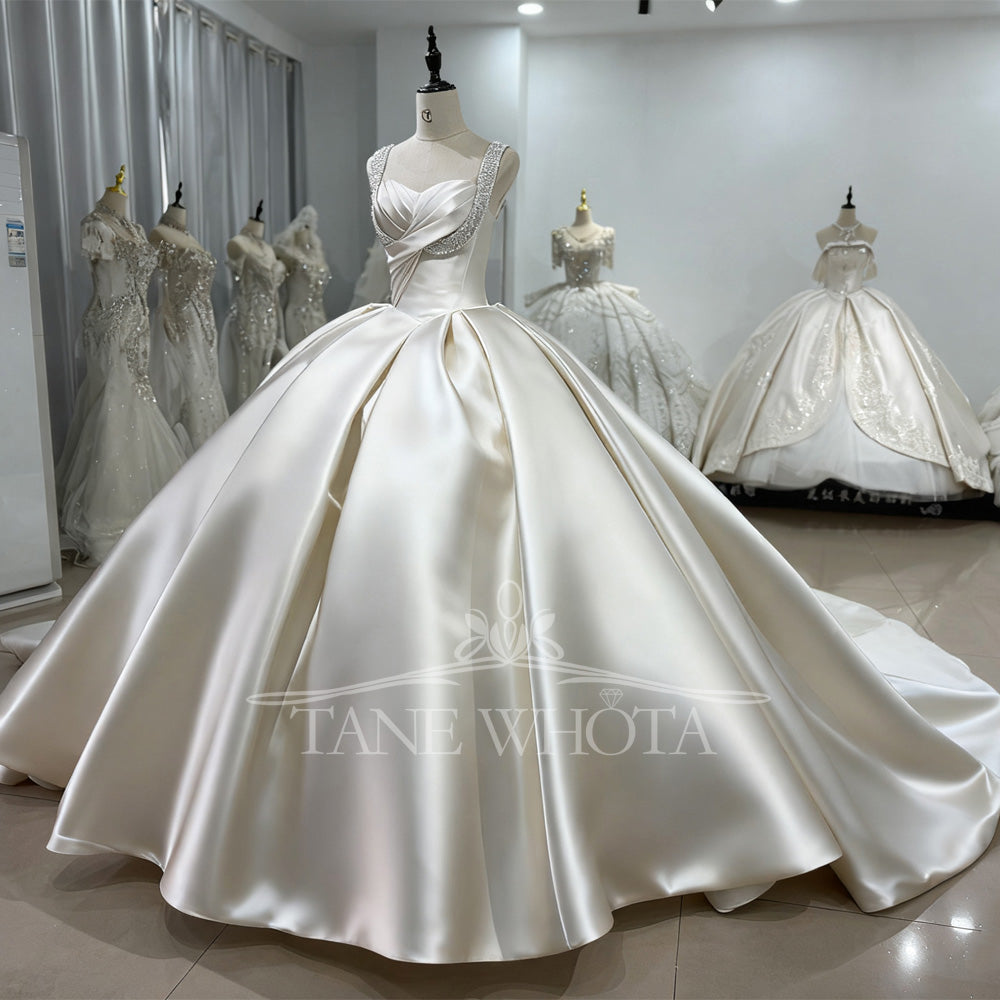 TW626 Suknia Slubna Spaghetti Straps Sleeveless Beaded Ruched Lace-Up Back Customized Ball Gown Wedding Dress