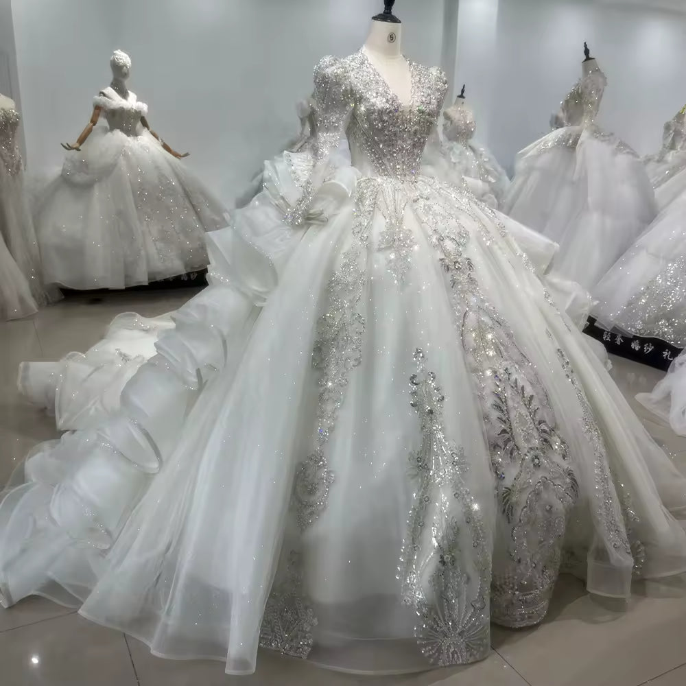 TW105 Robes De Mariée Sur Mesure Long Sleeve V-Neck Wedding Dress Lace Up Back Ball Gown Sequined Beading Bridal Dress