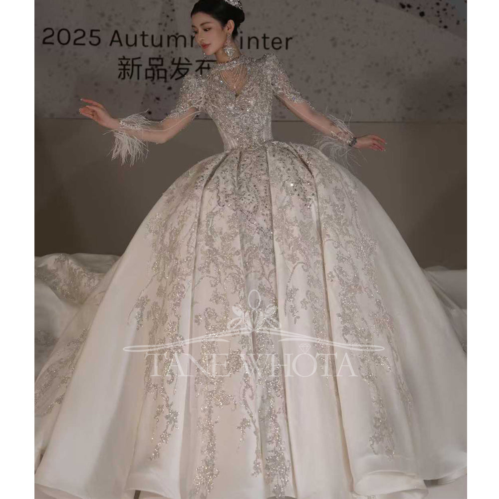 TW663 Luxury O-Neck Long Sleeve Beaded Sequined Ball Gown Wedding Dress Customized Vestido Noiva Casamento