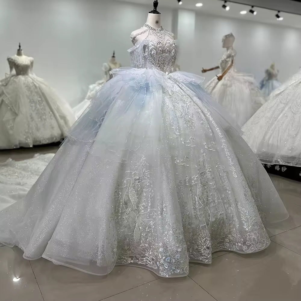 TW175 Vestido De Bodas Novia Blue Ball Gown Beading Sequined Wedding Dress Halter Off Shoulder Lace Up Back Wedding Dress