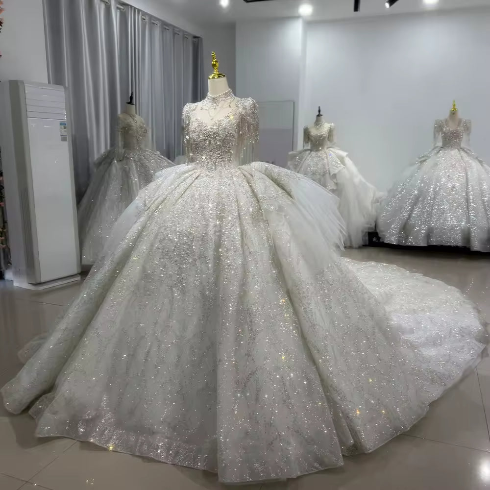 TW109 düğün elbisesi Short Sleeve O-Neck Wedding Dress Lace Up Back Beading Crystal Embroidery Sequined Ball Gown Bridal Dress