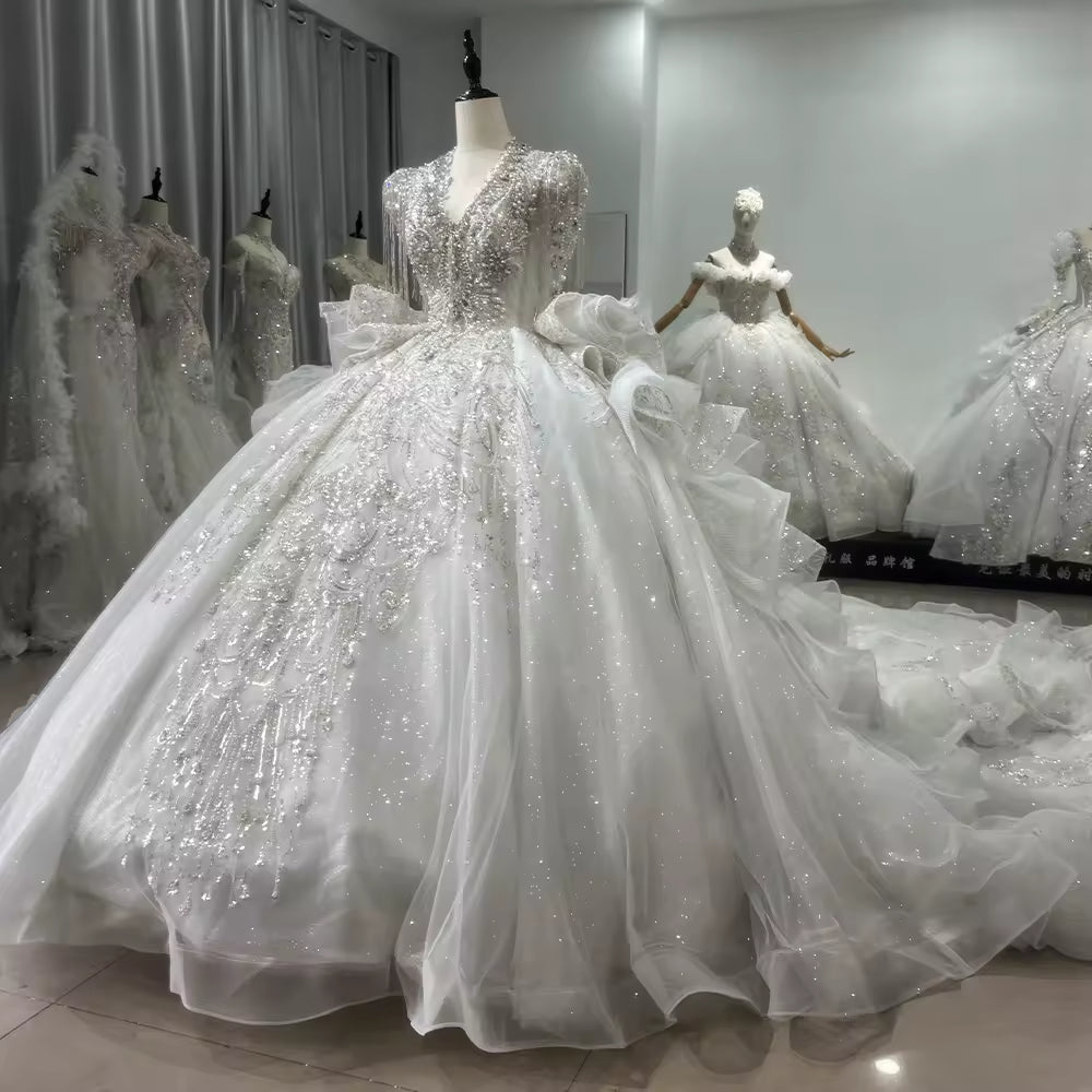 TW159 Vestidos De Noivas Tassel Short Sleeve Scalloped Wedding Dress Lace Up Keyhole Back Beading Embroidery Ball Gown Bridal Dress