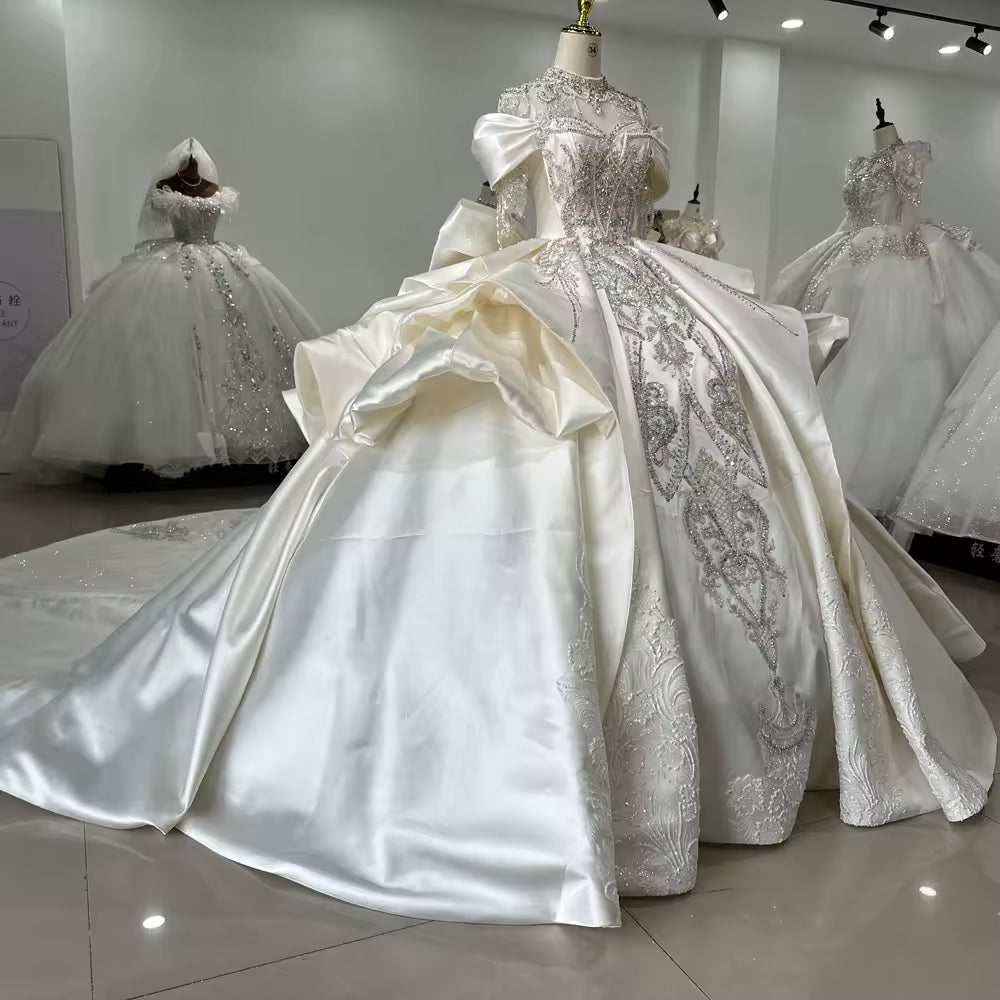 TW171 Robe De Mariée Civil Three Quarter Sleeve High Lace Up Back Bow Wedding Dress Beading Sequined Crystal Ball Gown Bridal Dress