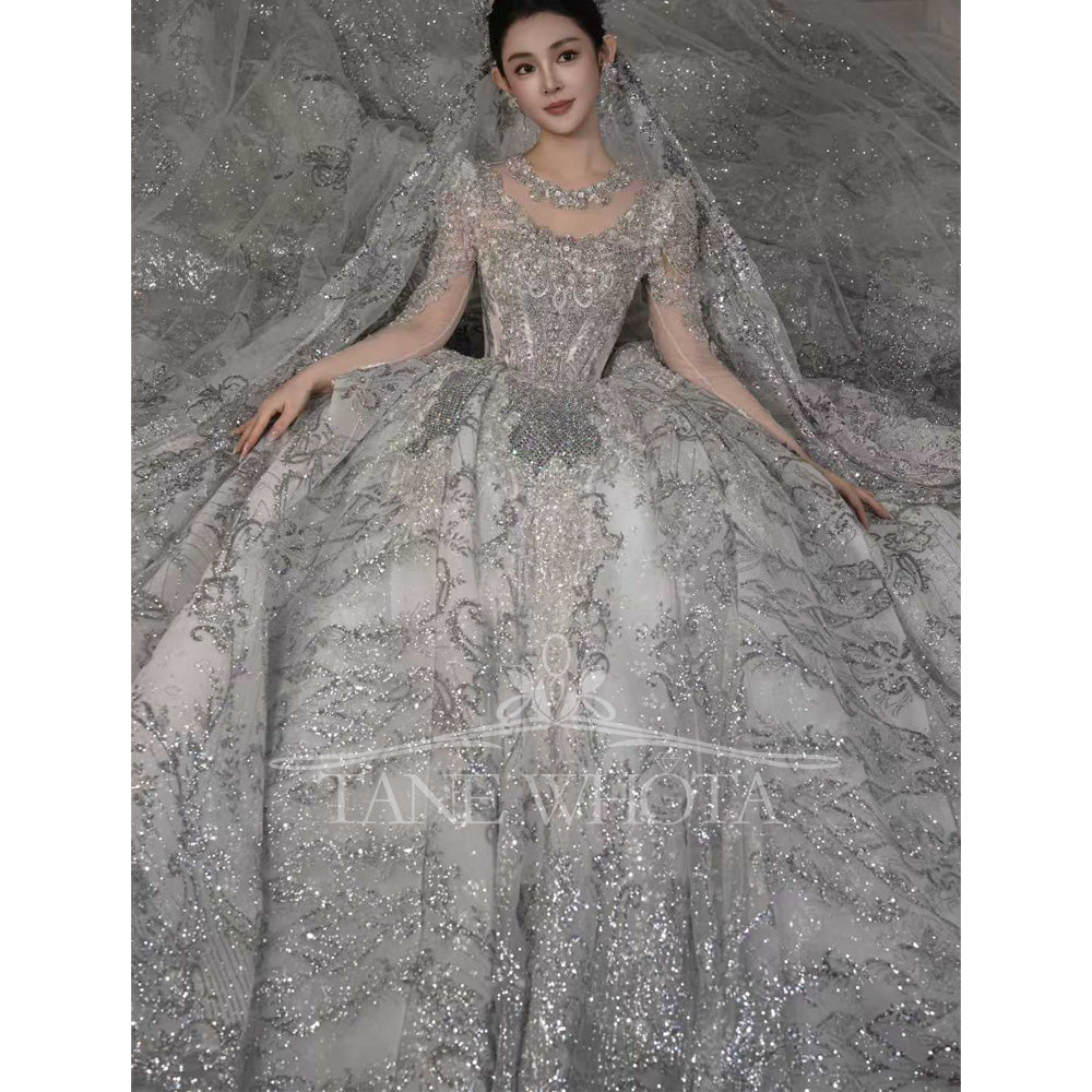 TW667 Sexy O-Neck Long Sleeve Wedding Dress Beaded Sequined Crystal Customized Robe De Mariée