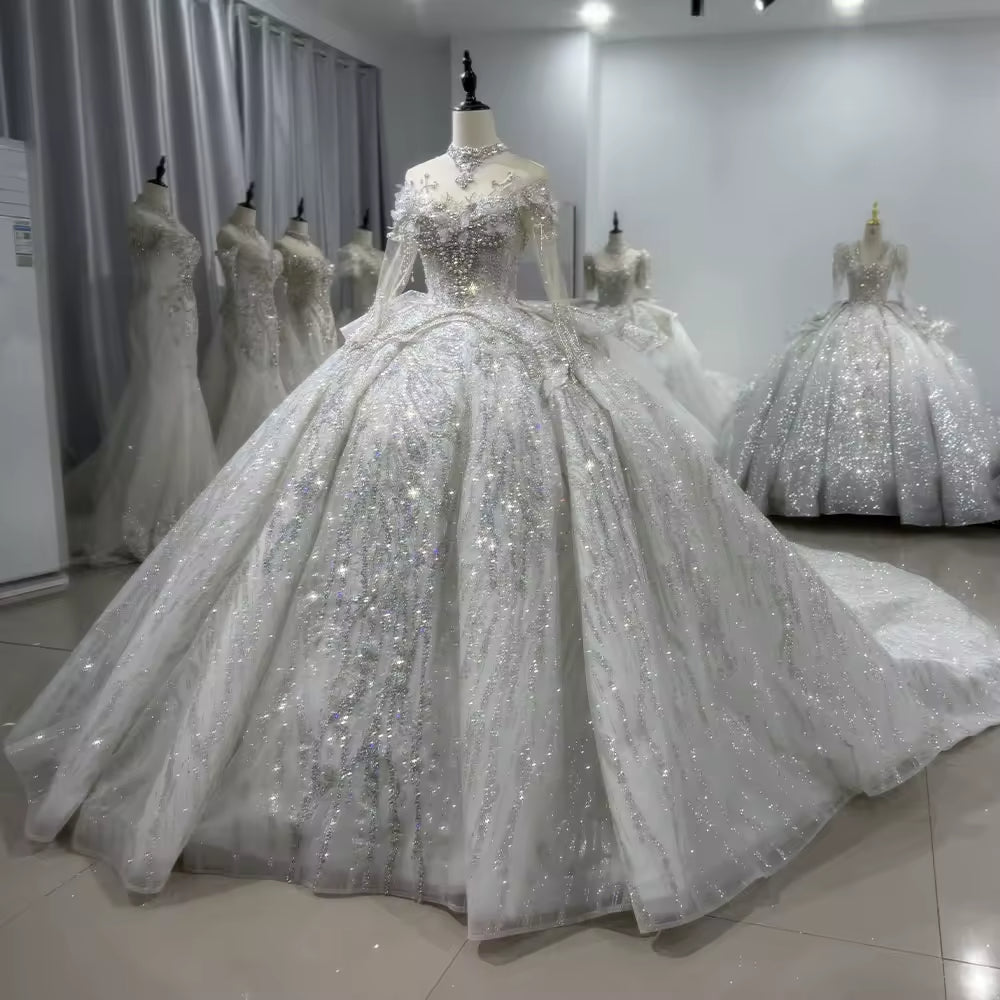 TW102 Robes De Mariage 2025 Long Sleeve O Neck Wedding Dress Lace Up Keyhole Back Ball Gown Beading Crystal Bridal Dress