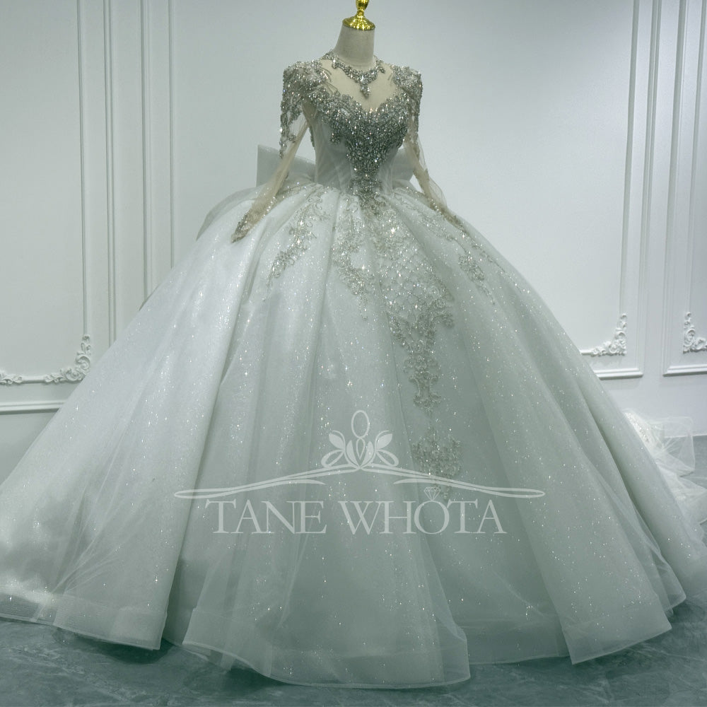 Luxury O-Neck Wedding Dress With Long Sleeves Crystal Sequined Bow Keyhole Back Lace-Up Customized Ball Gown For Women