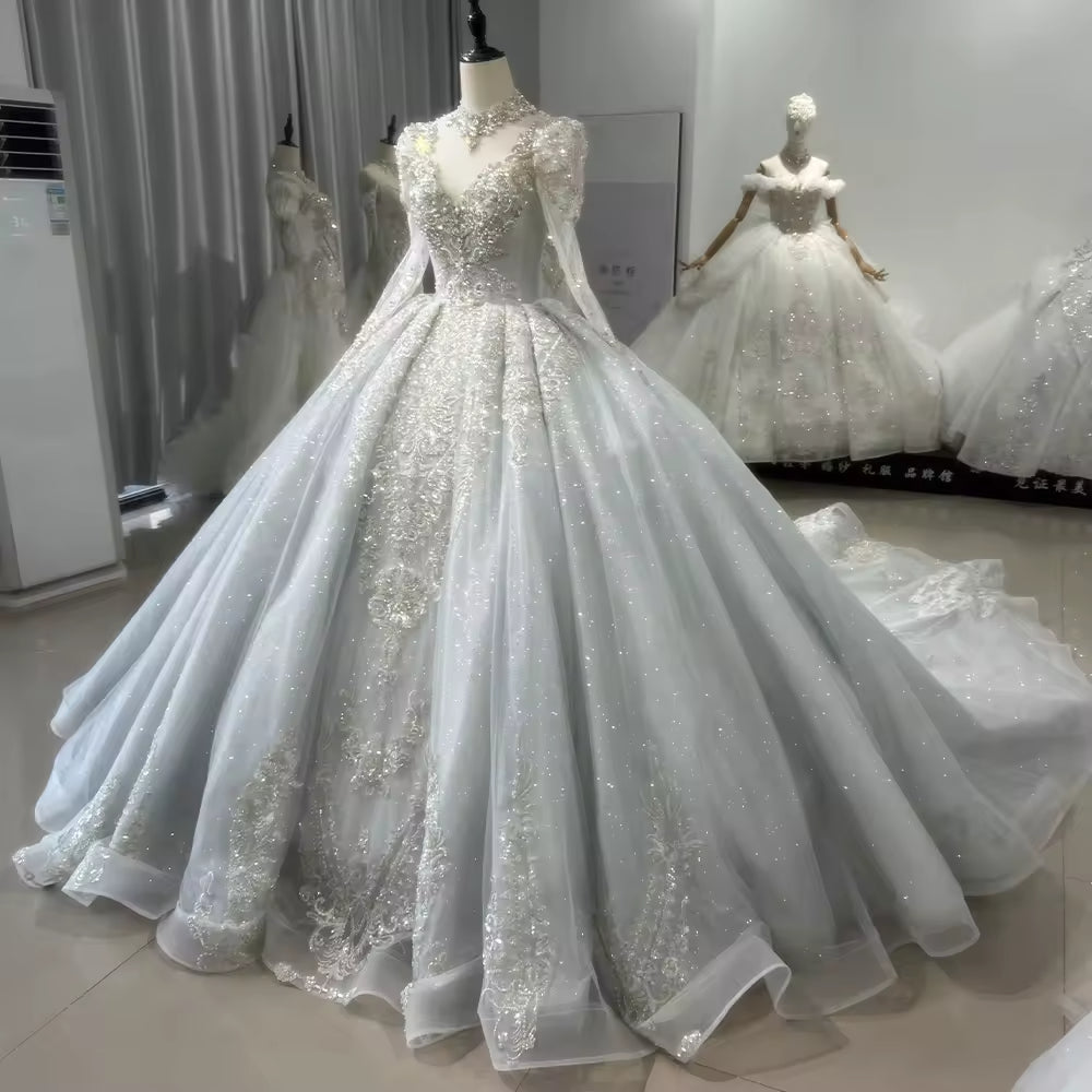 TW155 Blue Wedding Gowns For Brides Long Sleeve High Neck Keyhole Back Wedding Dress Beading Rhinestones Ball Gown Bridal Dress