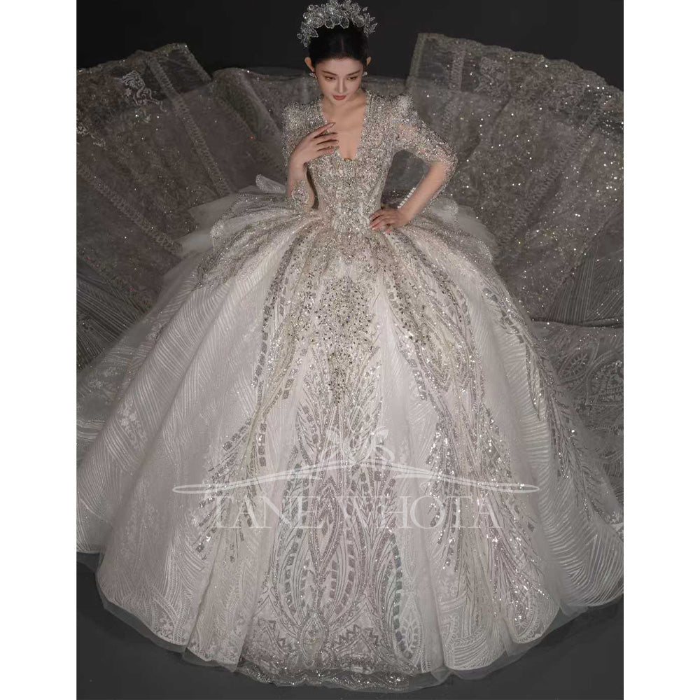 TW666 V-Neck Long Sleeve Wedding Dress Lace Up Keyhole Back Beaded Sequined Ball Gown Customized Elegant Vestidos De Boda