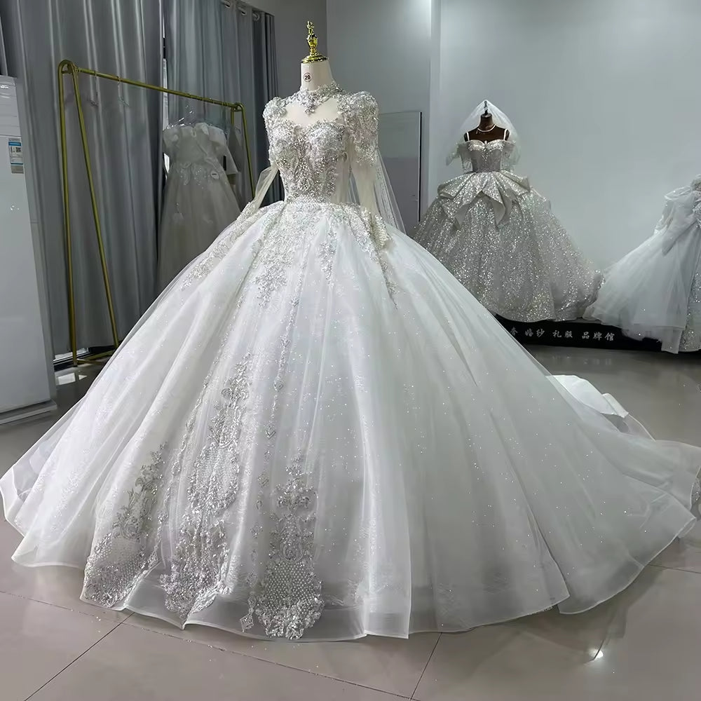 TW167 White Wedding Dress Long Sleeve Sweetheart Wedding Dress Button Back Ball Gown Sequined Beading Embroidery Bridal Dress