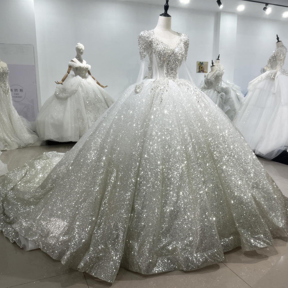 TW089 Silver Wedding Dress Luxo Long Sleeve O-Neck Lace Up Back Beading Sequins Star Crystal Ball Gown Bridal Dress