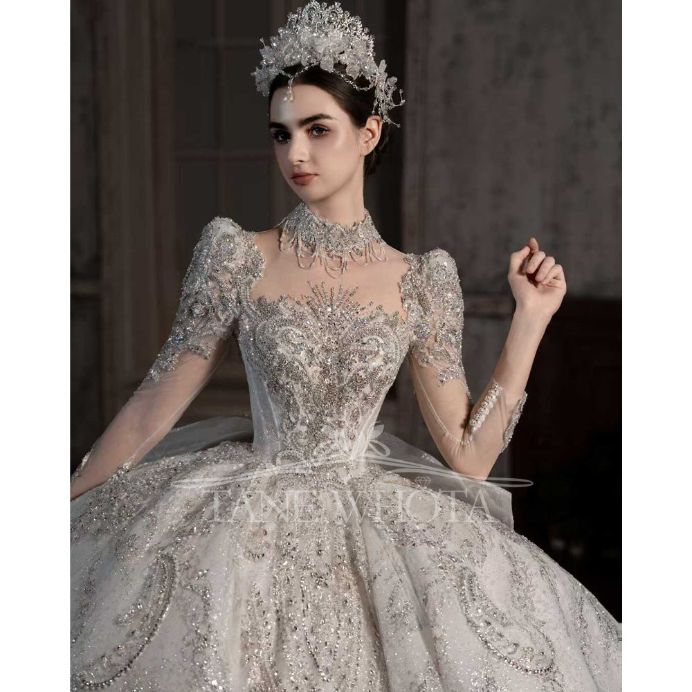 TW545 Luxury High Long Sleeve Lace Wedding Dress Beading Sequined Brides Customizable