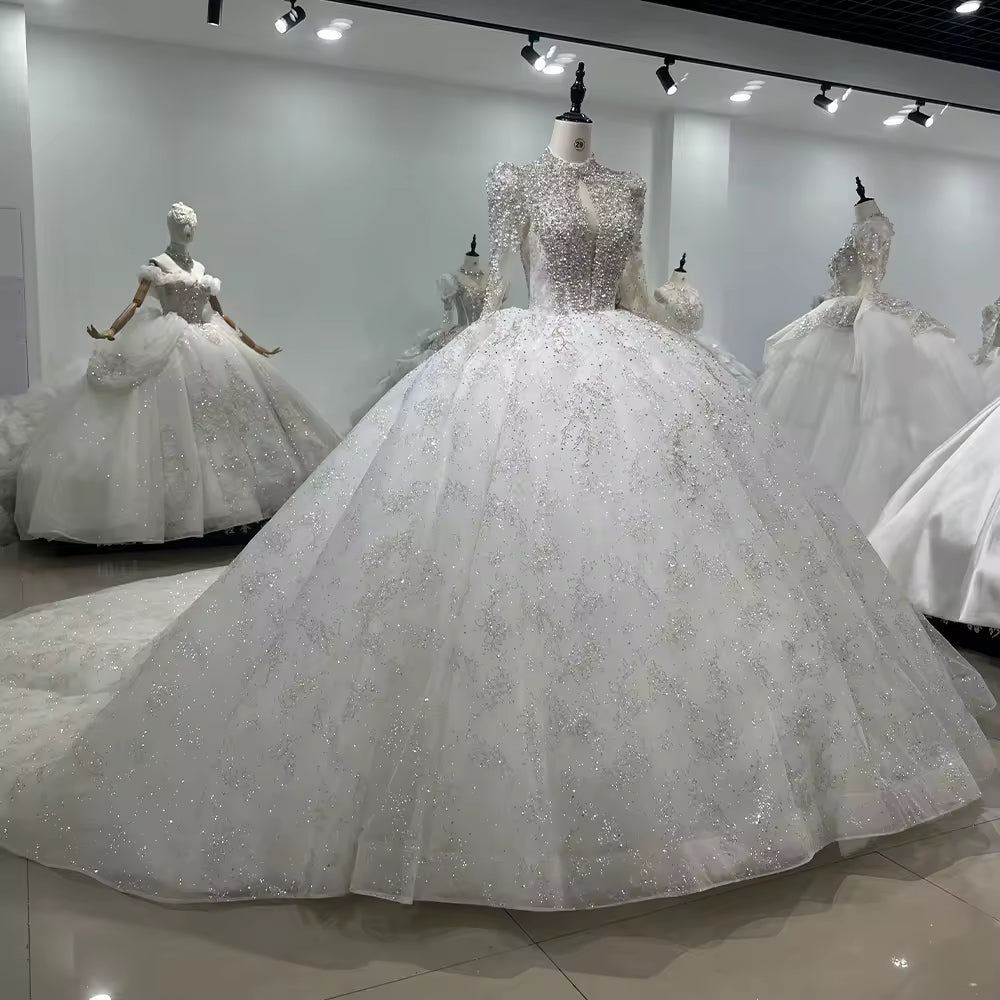 TW160 Wedding Dress High Neck Long Sleeve Lace Up Keyhole Back Wedding Dress Beading Sequins Star Ball Gown Bridal Dress