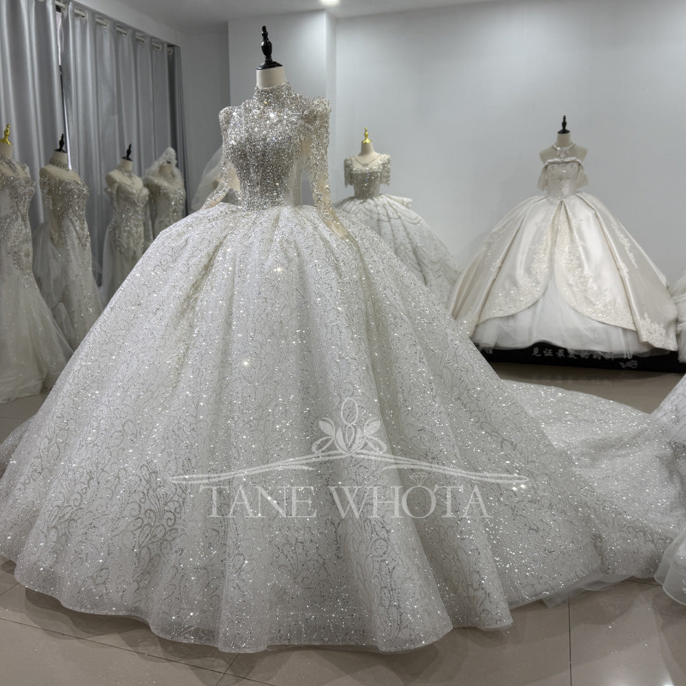 TW628 Vestidos Boda High Long Sleeve Crystal Sequined Wedding Dress Lace-Up Keyhole Back Customized Ball Gown For Brides