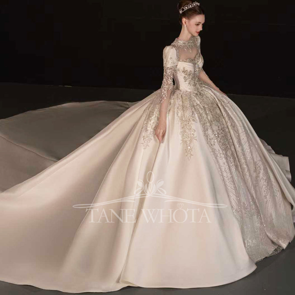 TW734 O-Neck Long Sleeve Wedding Dress Embroidery Beading Crystal Ball Gown Sexy Bridal Customized Dress