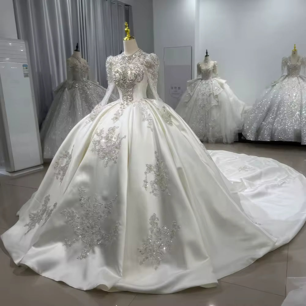 TW101 Satin Wedding Dress High Long sleeve Lace Up Back Customized Wedding Dress Beading Crystal 2025 New Bride Wedding Dresses