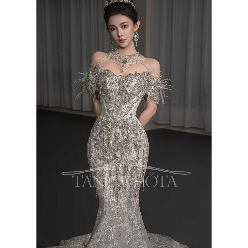 TW668 Customizable Halter Off-Shoulder Sequined Beaded Crystal Sheath Wedding Dress Luxury Bridal Gown