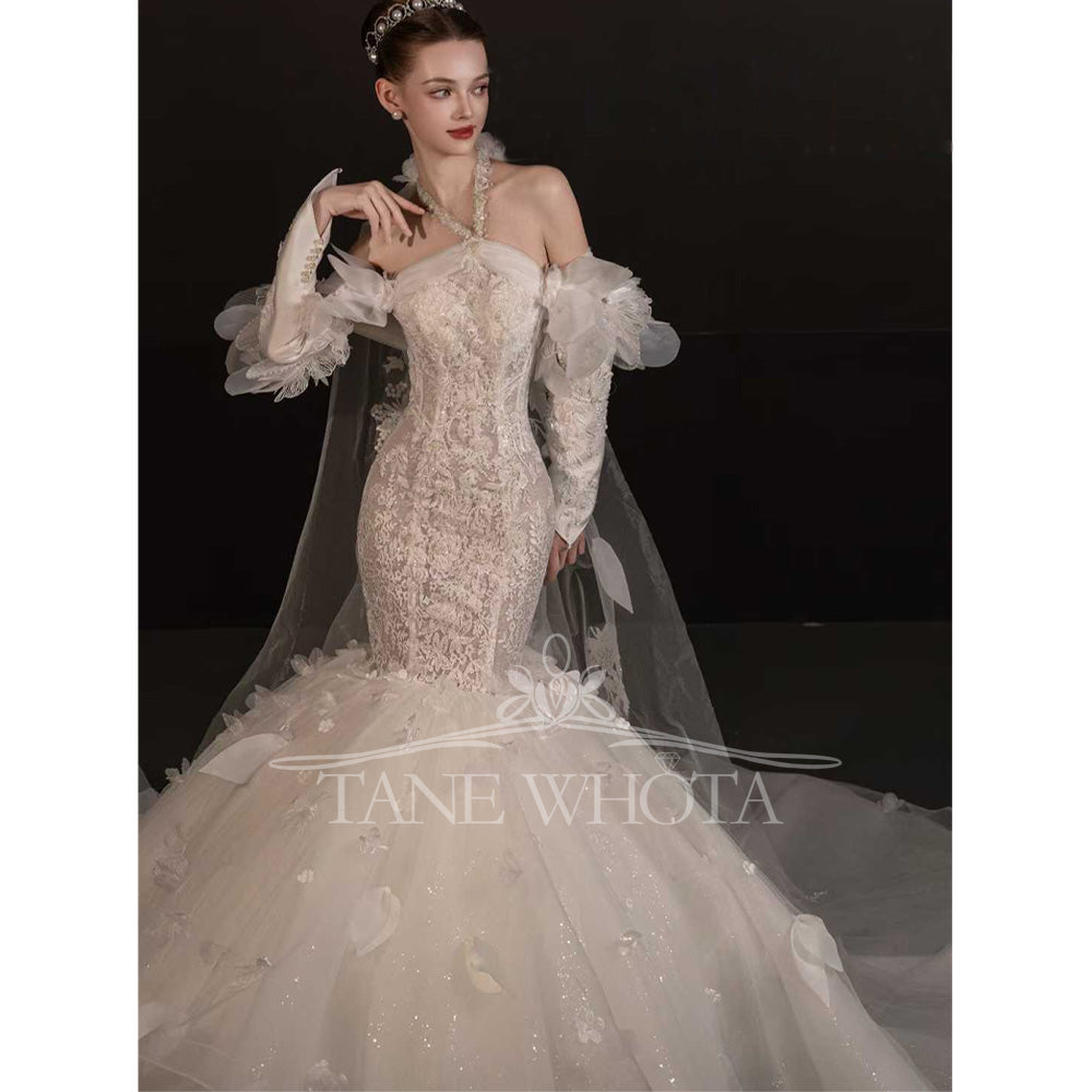 TW738 Elegant Sequined Halter Bridal Dress Long Sleeve Embroidery Sheath Fit Wedding Gown For Women 2026 Appliques Mariée Robe