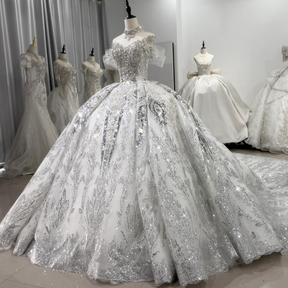 TW129 Luxury Silver Wedding Dress O-Neck Lace Up Keyhole Back Beading Crystal Embroidery Ball Gown Bridal Dress