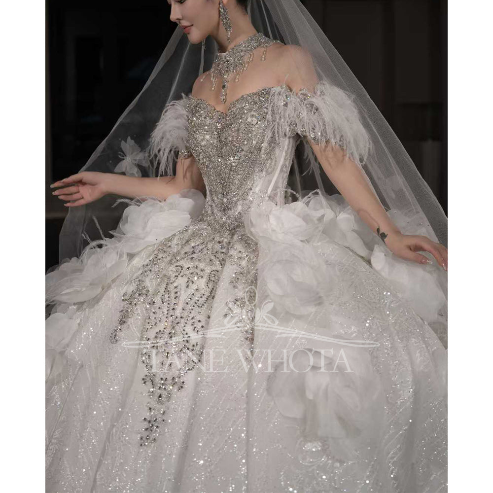 TW664 Elegant Sweetheart Off-Shoulder Beaded Sequined Feathers Wedding Dress Customized Bridal Gown