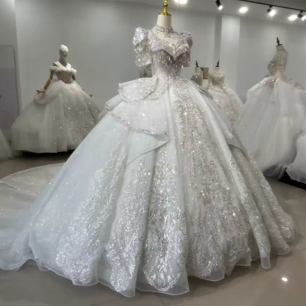 TW157 Vestido De Noiva Casamento Civil Scalloped Half Sleeve Wedding Dress Lace Up Back Beading Embroidery Ball Gown Bridal Dress