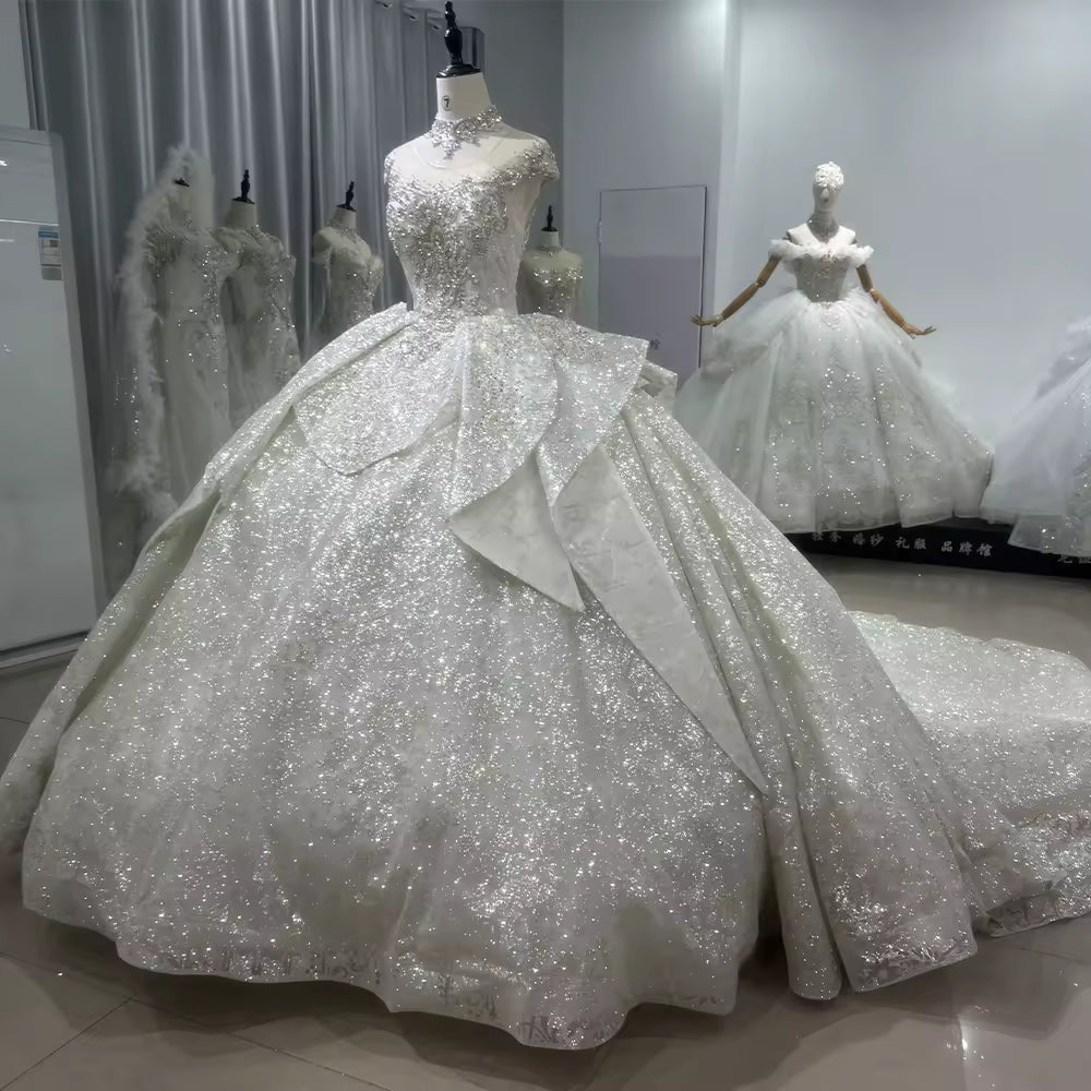 TW161 Vestido Casamento 2025 Cap Sleeve O-Neck Lace Up Back Wedding Dress Beading Sequined Star Crystal Ball Gown Luxury Bridal Dress