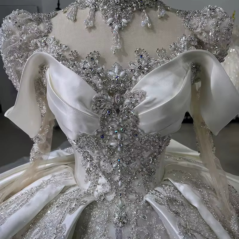 TW141 Long Sleeve Sweetheart Lace Up Back Wedding Dress Bow Beading Sequined Star Crystal Ball Gown Bridal Dress