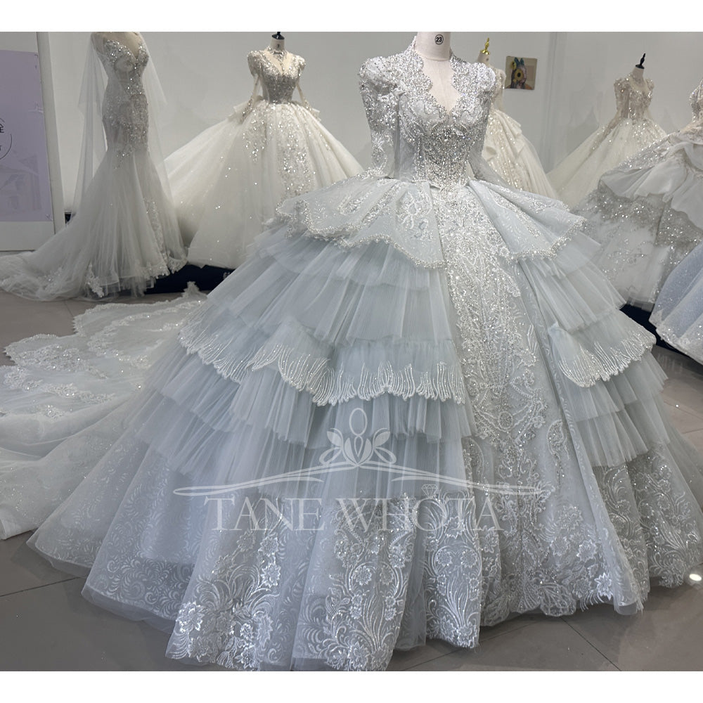 TW592 Women's Scalloped Long Sleeve Lace-Up Back Beaded Sequined Wedding Dress Customized Ball Gown Keyhole Detail