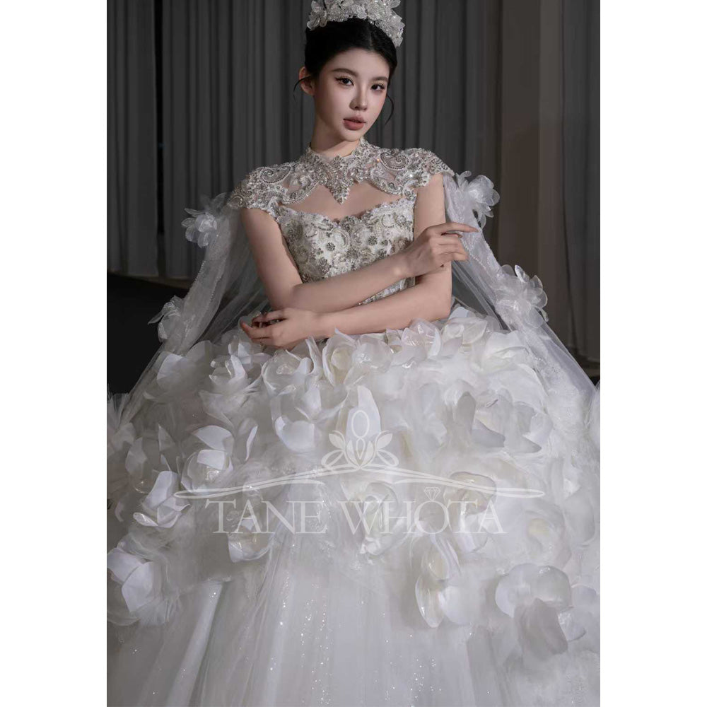 TW679 Luxury High Cap Sleeve Sequined 3D Flower Embroidery Wedding Dress Sexy Customized Vestidos De Novia 2026