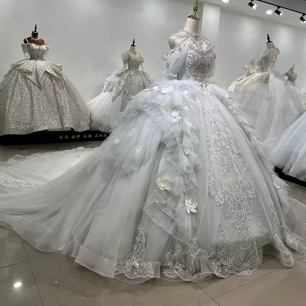 TW170 Brautkleider High Off Shoulder Lace Up Back Wedding Dress Embroidery Beading Sequined Crystal Ball Gown Customized Bridal Dress