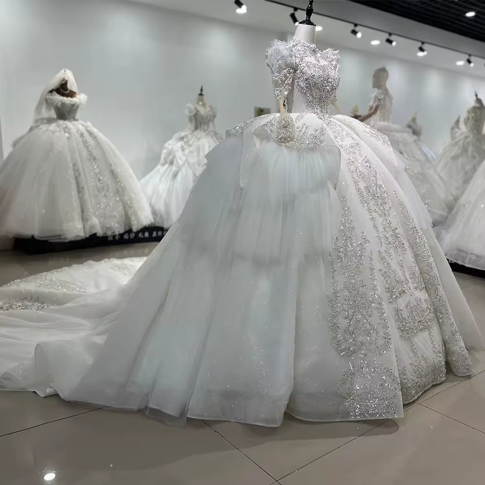 TW137 Vestido De Novia Princesa High Long Sleeve Wedding Dress Lace Up Keyhole Back Sequined Beads Ball Gown Bridal Dress