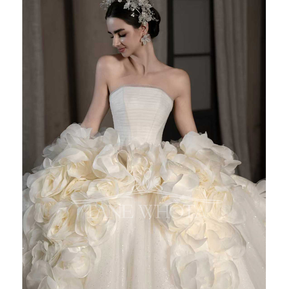TW547 Luxury Strapless Wedding Dress 3D Flower Ball Gown Customized Civil Ceremony Bridal Gown Elegant White Wedding Dress
