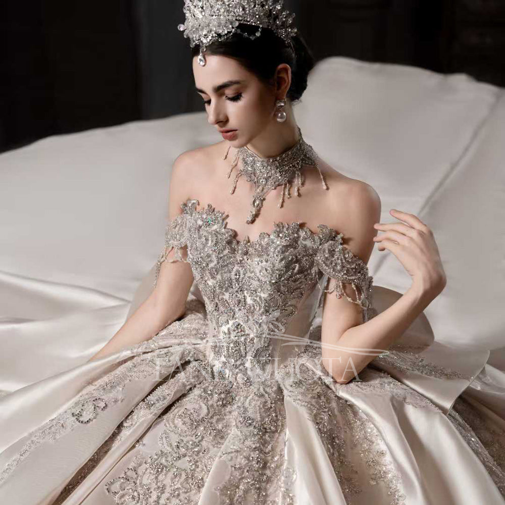 TW549 Luxury Rose Pink Sequined Ball Gown Wedding Dress For Bride With Sweetheart Detachable Sleeve Beading Customized