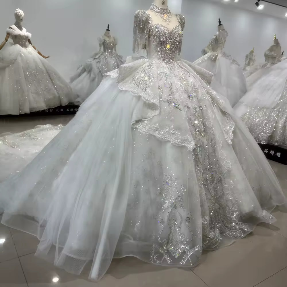 TW106 Bridal Dresses Short Sleeve O neck Wedding Dress Lace Up Back Ball Gown Bow Tassel Beading Crystal Embroidery Bridal Dress