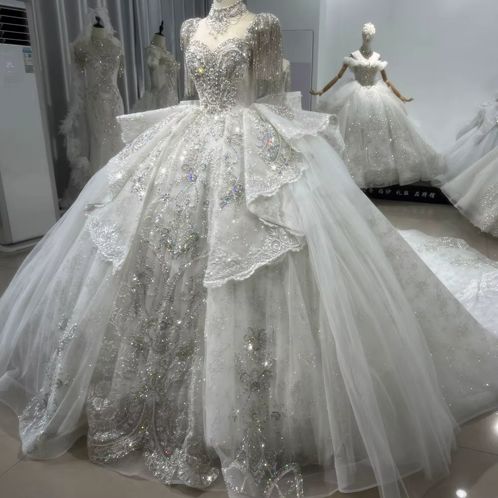 TW188 Robe Mariee Wedding Dress Lace Up Keyhole Back Beading Crystal Short Tassel Sleeves Ball Gown Bridal Dress