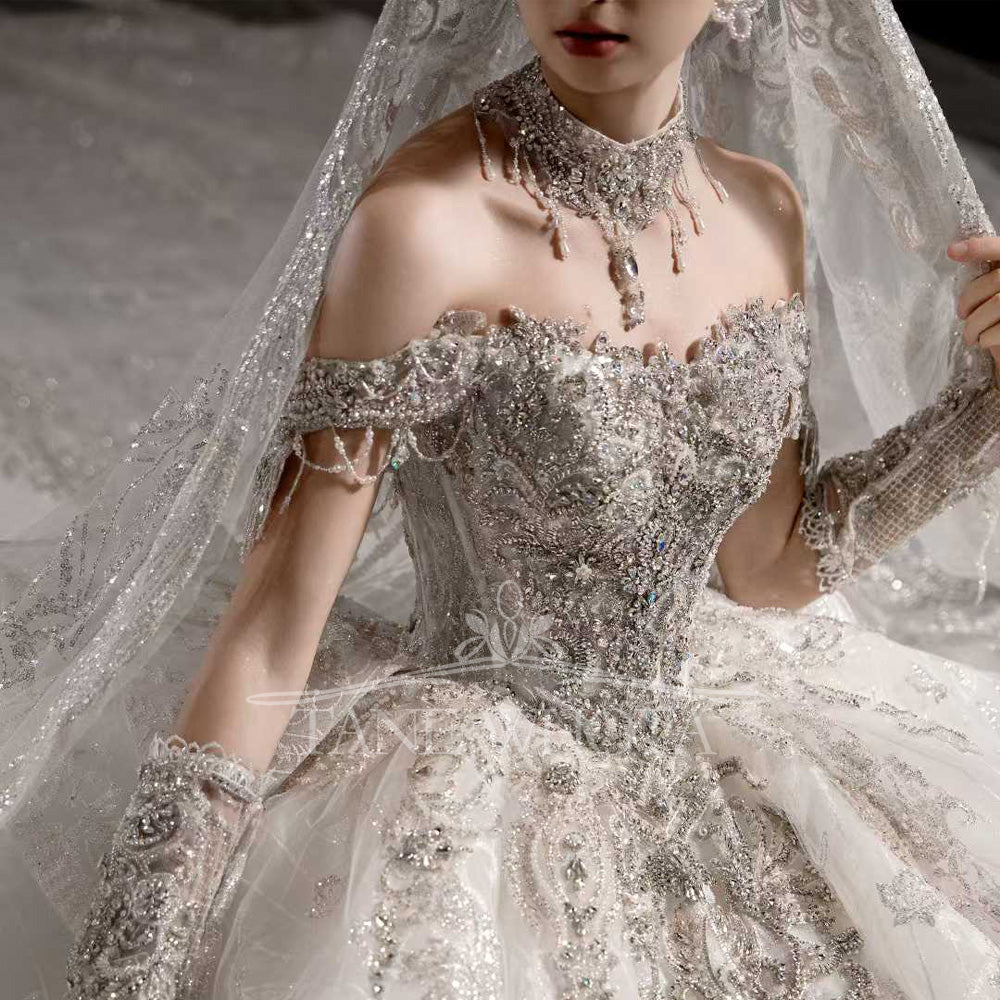 TW548 Luxury Off-Shoulder Beaded Sequined Ball Gown Wedding Dress Sweetheart Customized Bridal Gown For Brides