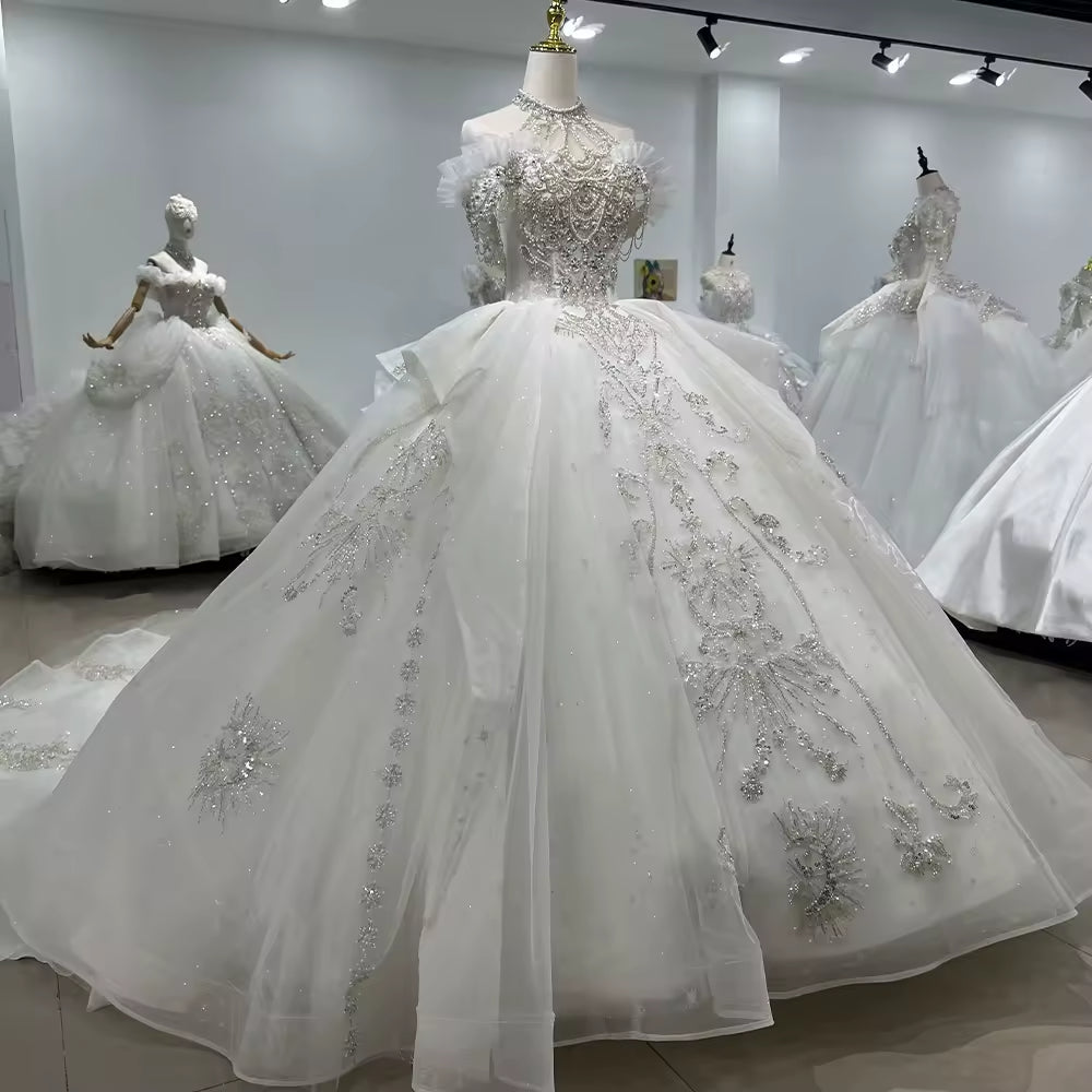 TW134 Vestido Novia 2025 Wedding Ball Gown Dress Halter Lace Up Back Beading Crystal Pearls Wedding Dress