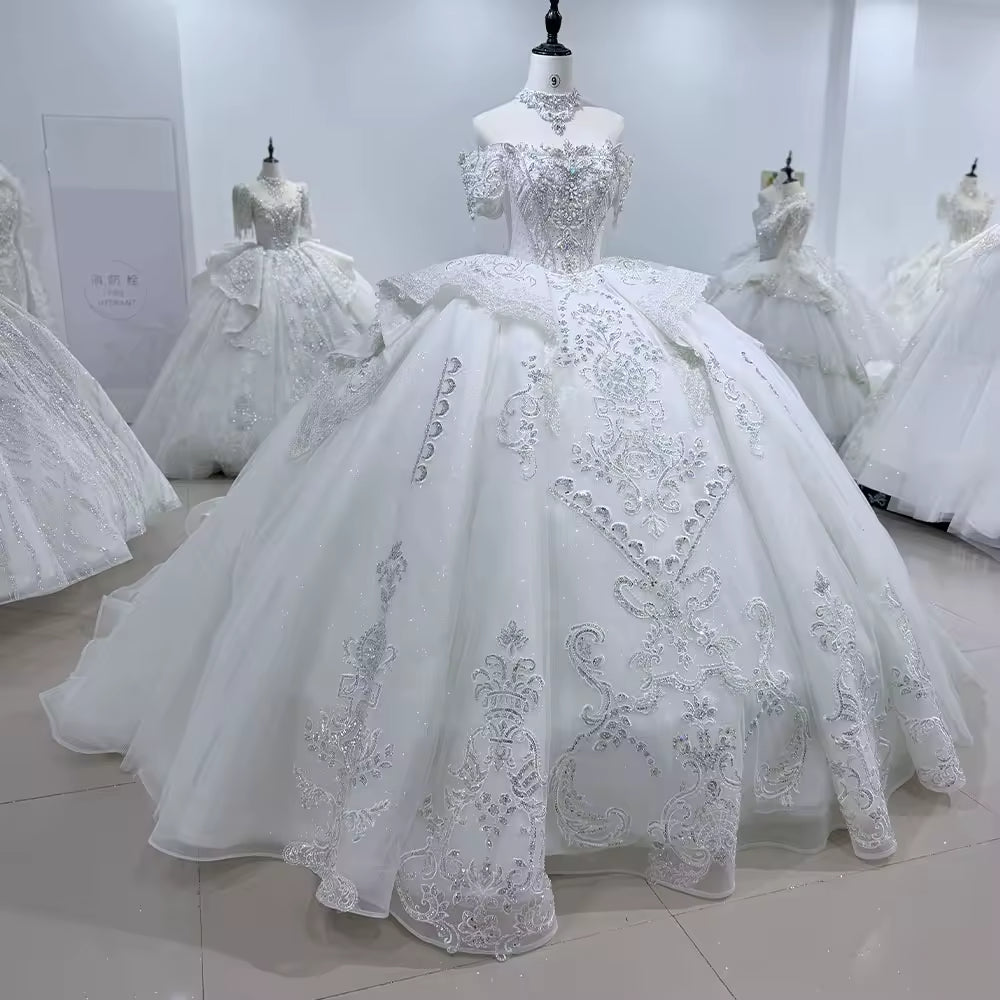 TW110 Off White Wedding Dress Off The Shoulder Lace Up Back Sequined Beading Embroidery Ball Gown Bridal Dress