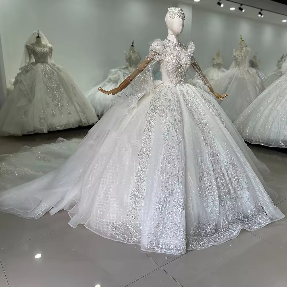 TW140 Vestido Novia Civil High Flare Sleeve Wedding Dress Lace Up Keyhole Back Beading Crystal Ball Gown Bridal Dress