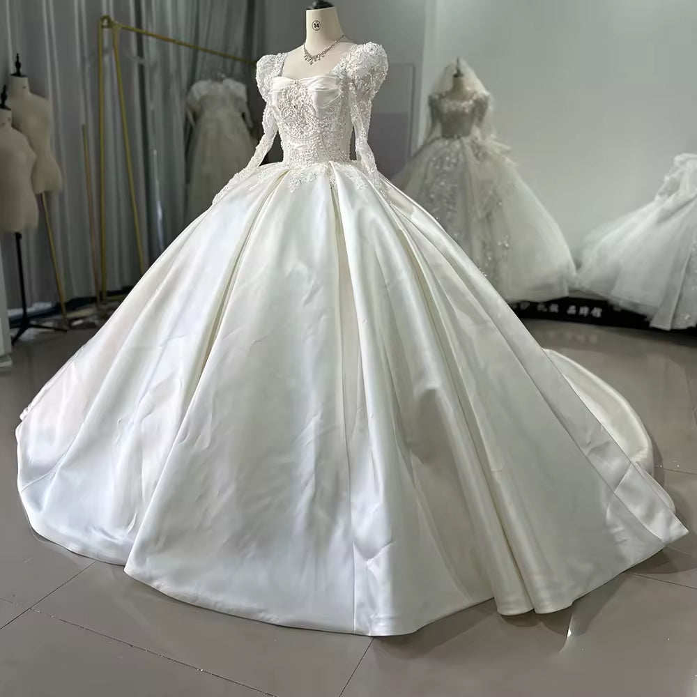 TW138 Square Collar Long Sleeve Lace Up Keyhole Back Wedding Dress Appliques Beading Satin Luxury Bridal