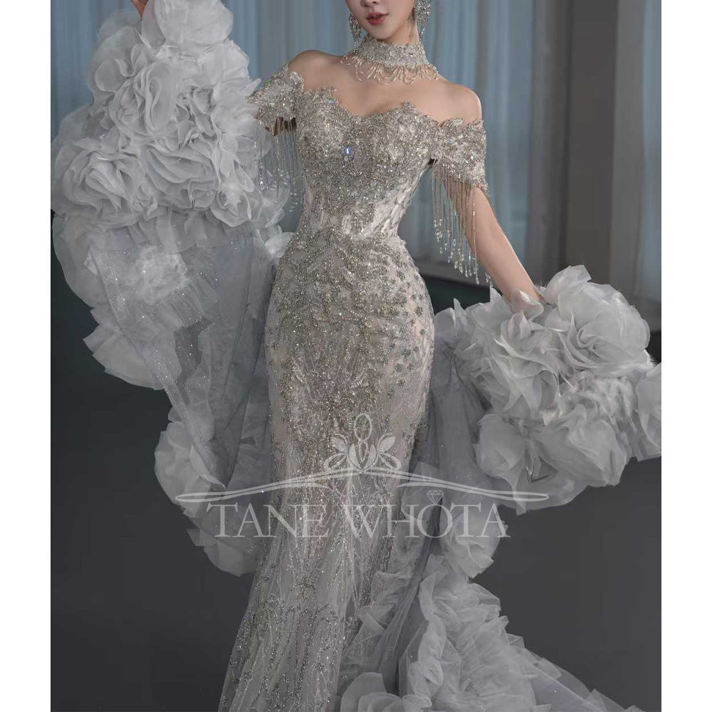 TW669 Customizable Sweetheart Off-Shoulder Wedding Dress Beading Crystal Sequined Tassel Sheath Style Boda Vestido De Novia