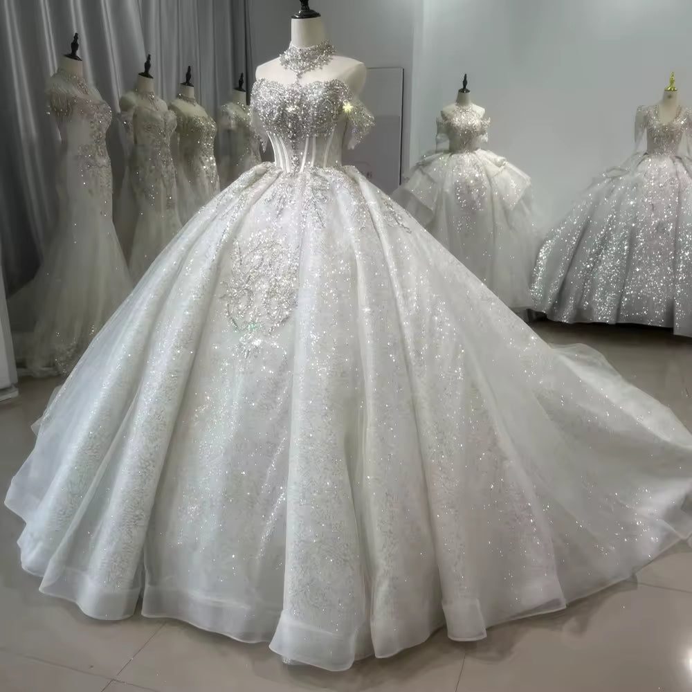 TW136 Civil Wedding Dress Sleeveless Off Shoulder Lace Up Back Wedding Dress Beading Sequined Crystal Ball Gown Bridal Dress
