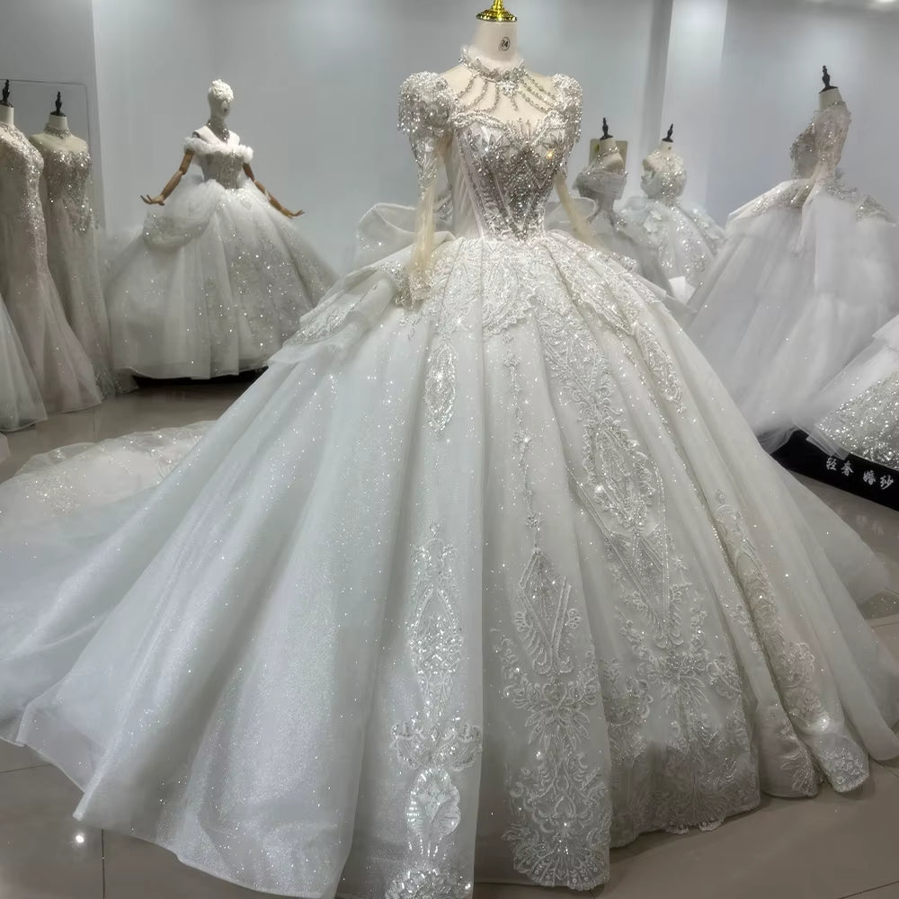 TW132 Long Sleeve Wedding Gown High Lace Up Keyhole Back Wedding Dress Embroidery Bow Beading Sequined Crystal Ball Gown Bridal Dress