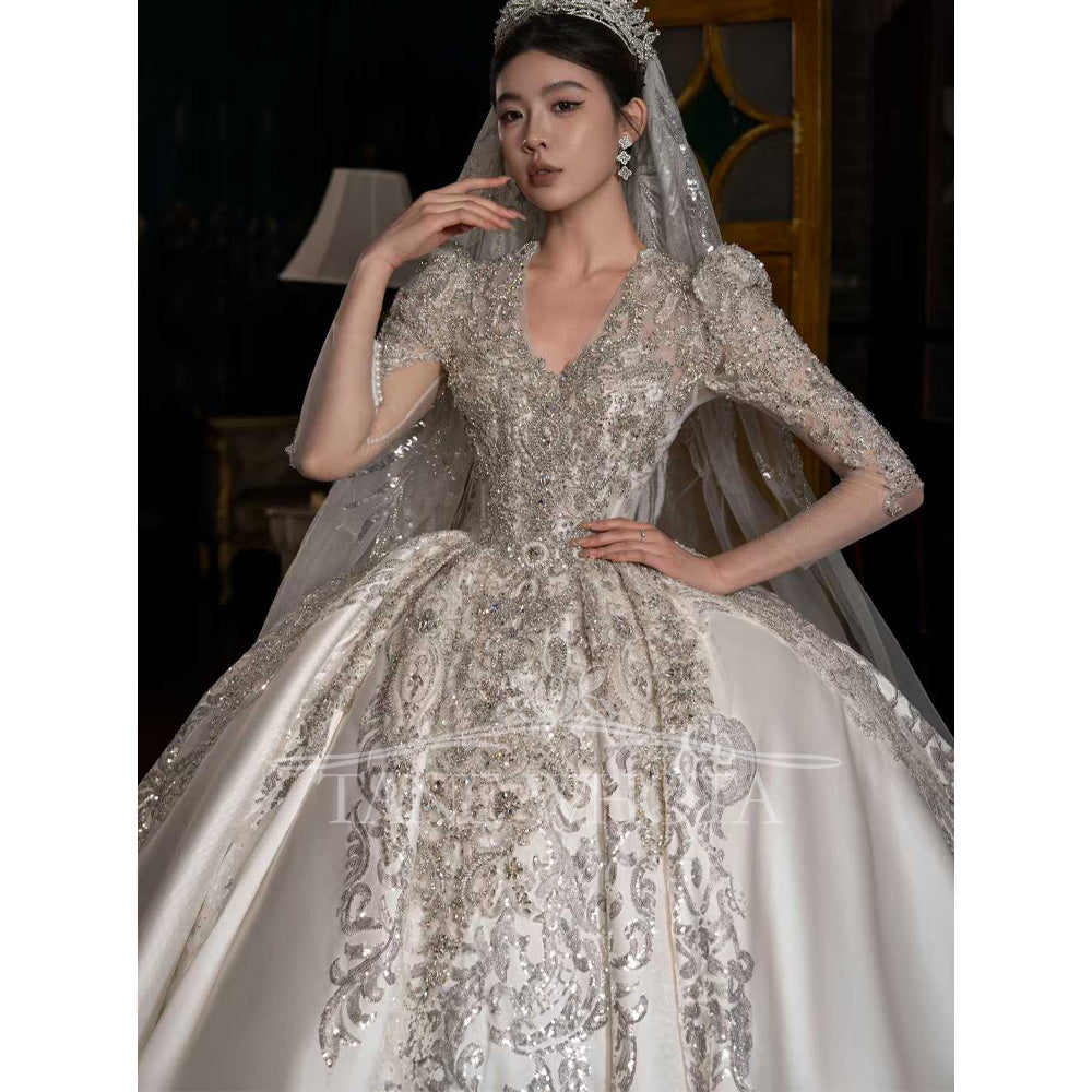 TW655 Luxury Brautkleider 2026 V-Neck Long Sleeve Beaded Sequined Ball Gown Wedding Dress Customized Ceremony Robe For Mariée