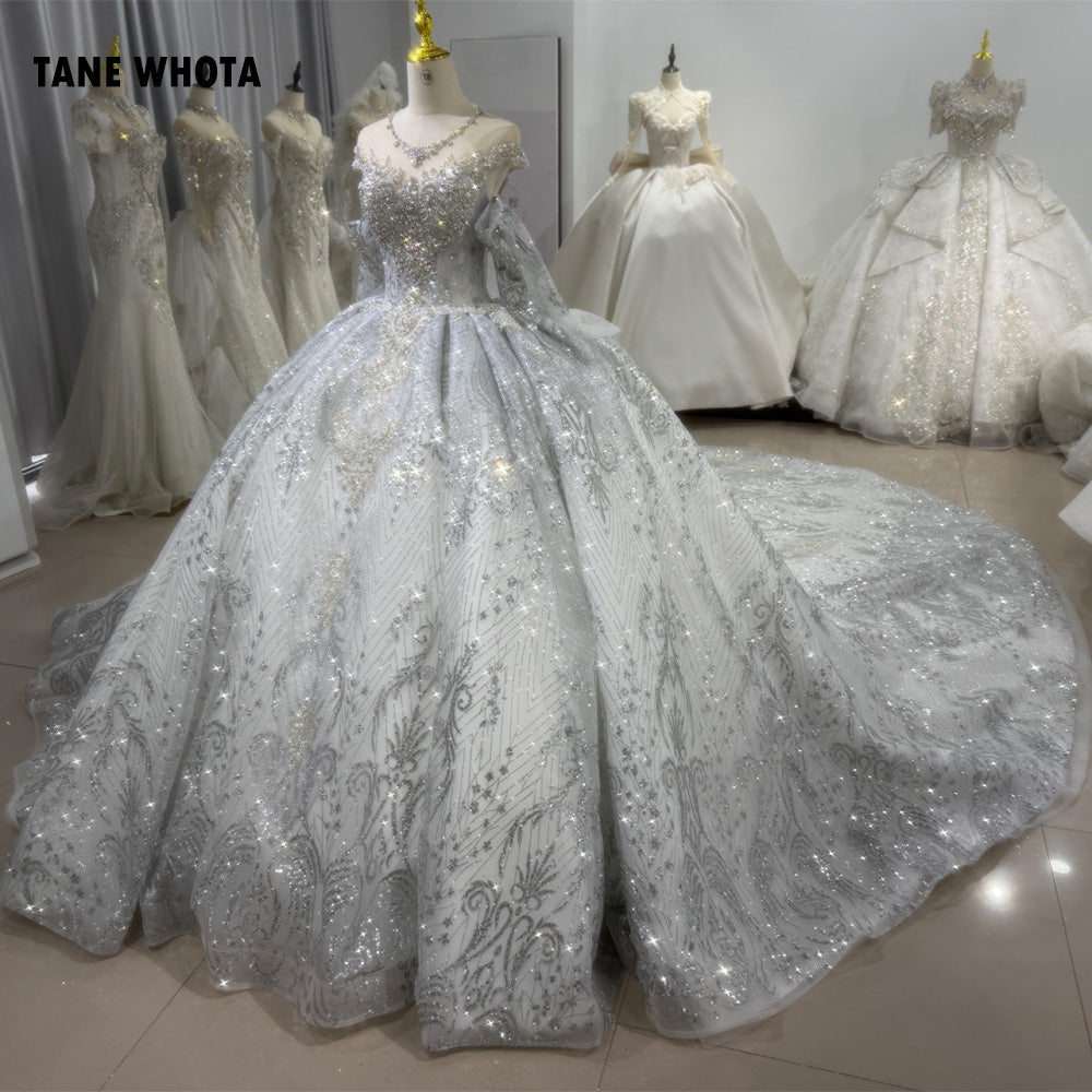 TW224 Noiva Vestido De Casamento 2025 Cap Sleeve O-Neck Wedding Dress Lace Up Keyhole Back Beading Embroidery Silver Bridal Dress