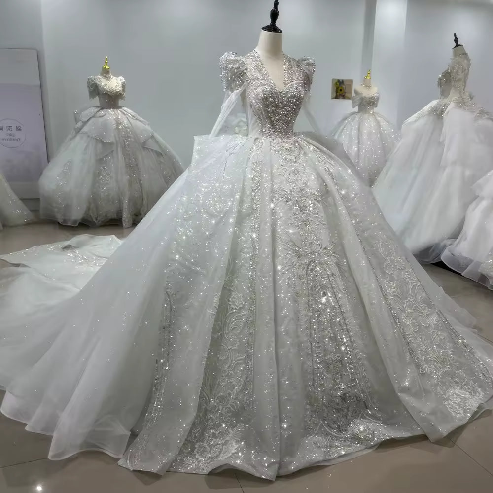 TW147 Weddings Dress 2025 Long Sleeve V-Neck Wedding Dress Lace Up Keyhole Back Beading Crystal Shiny Ball Gown Bridal Dress
