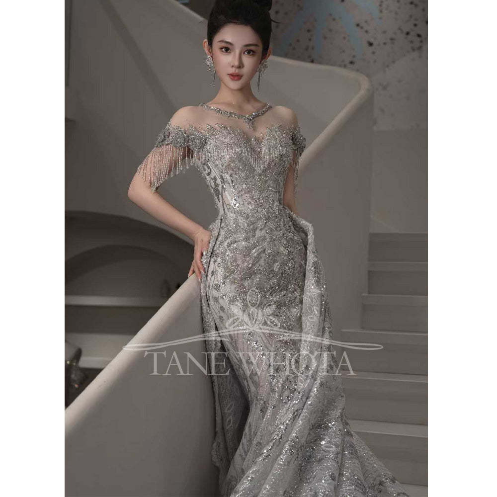 TW670 Luxury O-Neck Short Sleeve Wedding Dress With Lace Up Keyhole Back Embroidery Beading Sequined Tassel Sheath Customized