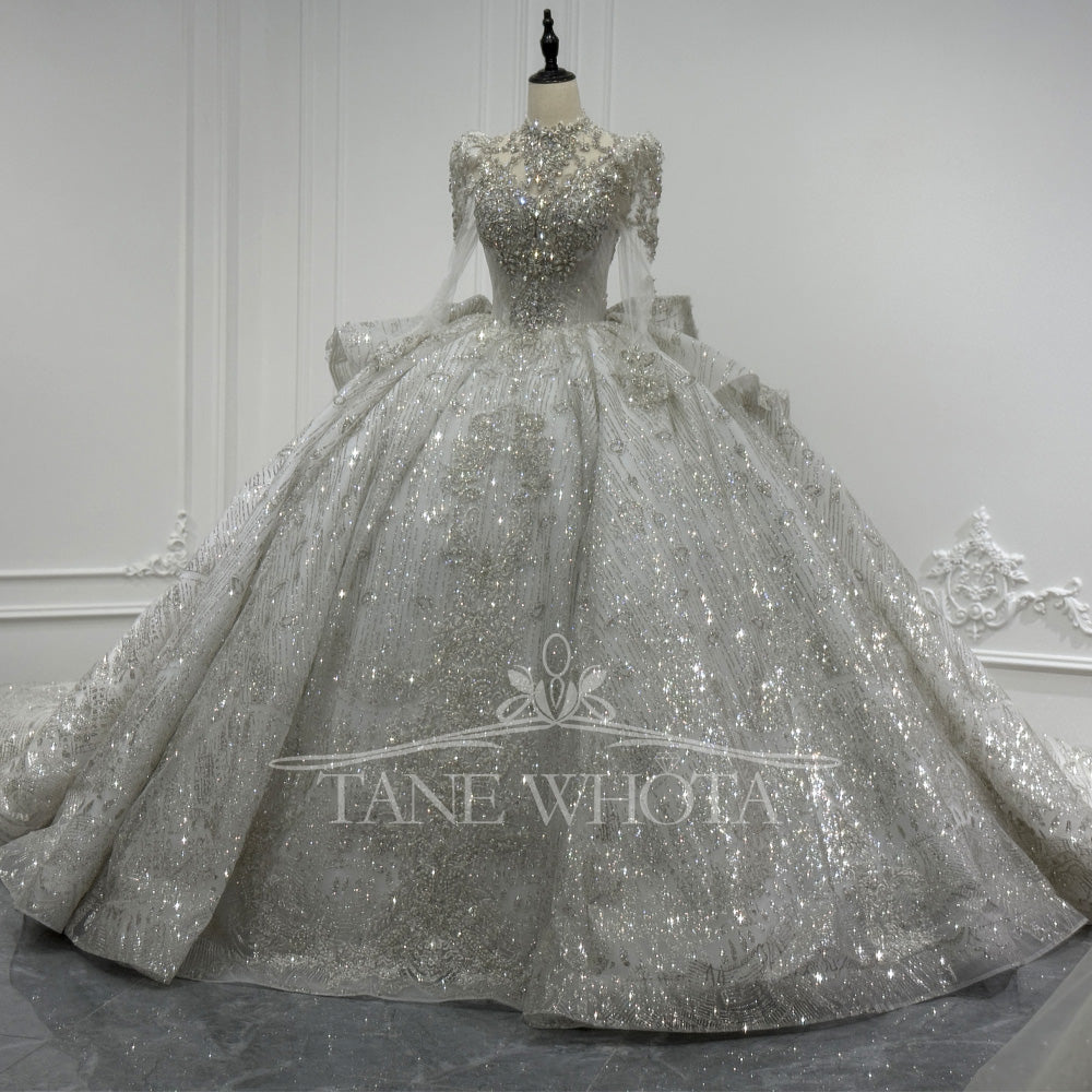 TW713 Luxury Crystal Sequined Bridal Wedding Dress With High Long Sleeves Lace-Up Keyhole Back Bow Detail Customized Ball Gown