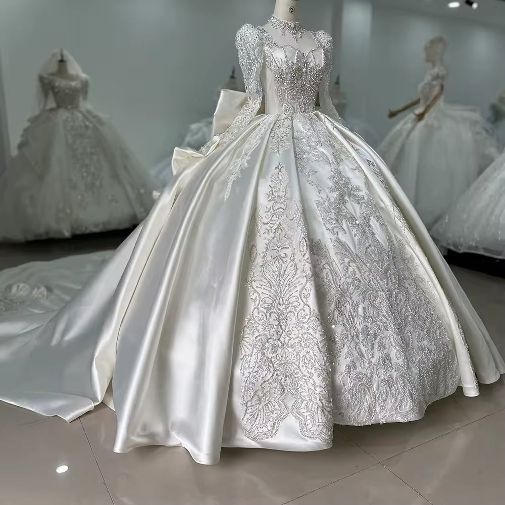 TW177 Vestido Casamento Noiva Civil Ball Gown Square Collar Long Sleeve Lace Up Back Beading Crystal Bow Customized Wedding Dress