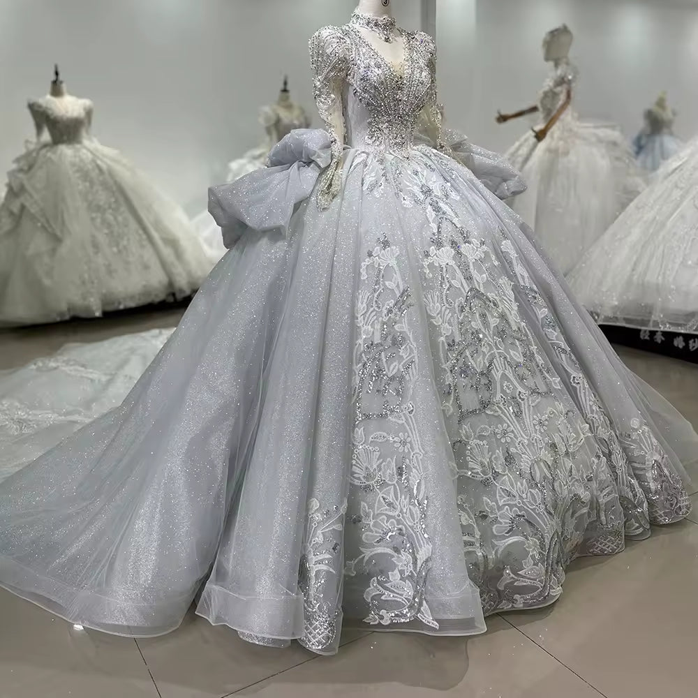 TW174 Vestido De Noiva Casamento Cívil V-Neck Long Sleeve Lace Up Keyhole Back Beading Embroidery Wedding Dress Ball Gown Bridal Dress